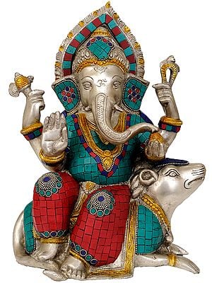 12" Lord Ganesha Seated on Musaka (Rat) In Brass | Handmade | Made In India