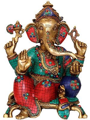18" Lord Ganesha Seated on Chowki In Brass | Handmade | Made In India