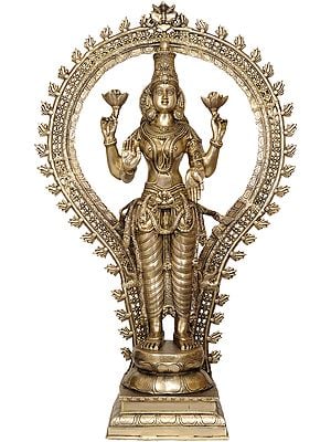 40" Large Size Goddess Lakshmi with Floral Aureole In Brass | Handmade | Made In India