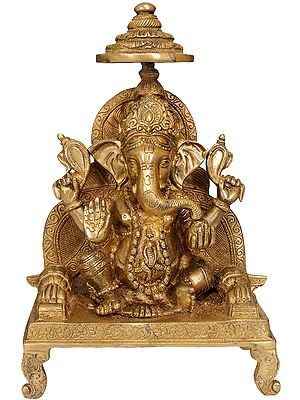 12” Enthroned Ganesha Sculpture in Brass | Handmade | Made in India