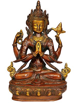 8" Tibetan Buddhist Deity- Chenrezig (Four Armed Avalokiteshvara) In Brass | Handmade | Made In India
