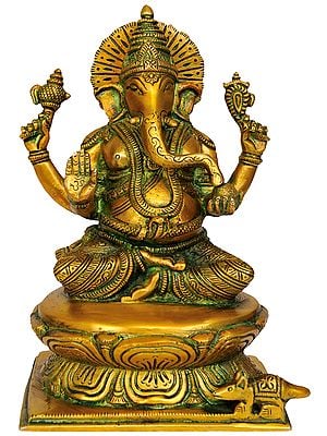 8" Ganesha Idol Seated on Lotus in Brass | Handmade | Made in India