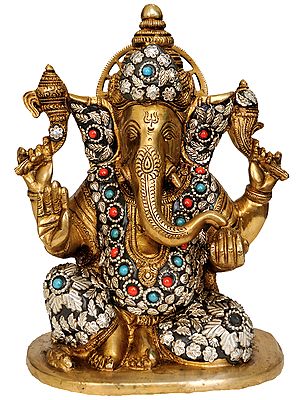 8" Inlay Ganesha Brass Sculpture | Handmade | Made in India