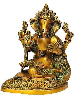 6" Bhagawan Ganesha Idol Reading Sacret Scripture | Handmade Brass Statue | Made in India