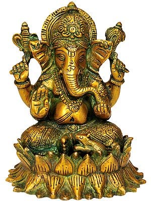 5" Lord Ganesha on Lotus in Brass | Handmade | Made In India