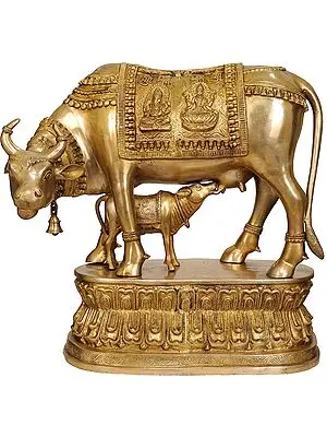 22" Cow and Calf (Saddle Decorated with Lakshmi and Ganesha) In Brass | Handmade | Made In India