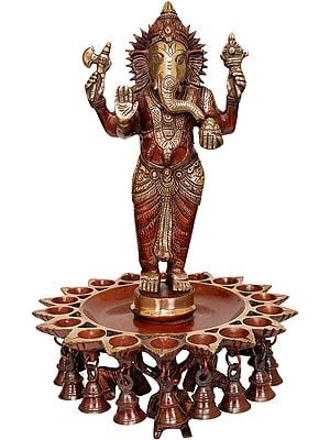 15" Lord Ganesha with Eighteen Lamps and Bells (Supported by Shivaganas) In Brass | Handmade | Made In India