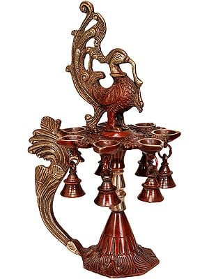 12" Seven-Wick Mayur Puja Lamp With Bells In Brass | Handmade | Made In India
