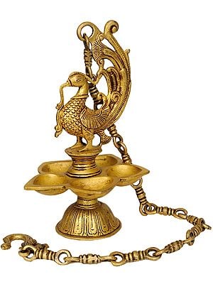10" Mayura Hanging Puja Lamp In Brass | Handmade | Made In India