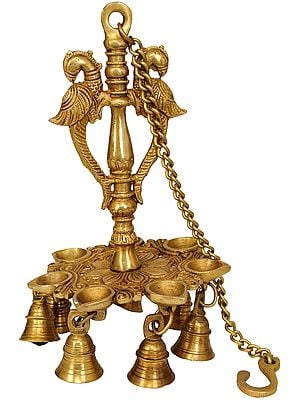 10" Mayura Hanging Lamp with Bells In Brass | Handmade | Made In India