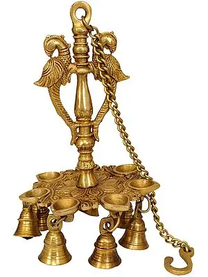 10" Mayura Hanging Lamp with Bells in Brass | Handmade | Made in India