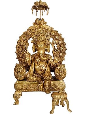 34" Large Size Enthroned Ganesha In Brass | Handmade | Made In India