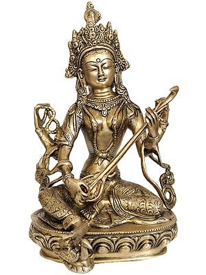 12" Nepalese Form of Saraswati Brass Statue | Handmade | Made in India
