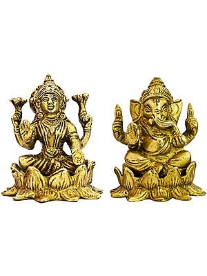 3" Pair of Lakshmi Ganesha Sculptures in Brass | Handmade | Made in India