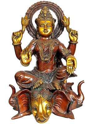 20" Large Size Goddess Lakshmi Seated on Three Elephant Head In Brass | Handmade | Made In India