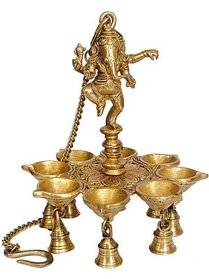 10" Dancing Ganesha Hanging Lamp with Bells In Brass | Handmade | Made In India
