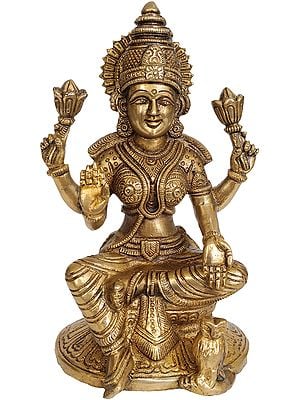 6" Goddess Lakshmi with Owl In Brass | Handmade | Made In India