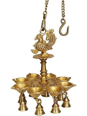 10" Eight-Wick Mayur Hanging Lamp with Bells in Brass | Handmade | Made in India