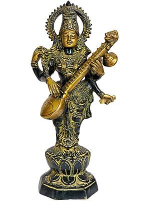 13" Standing Saraswati Playing Veena In Brass | Handmade | Made In India