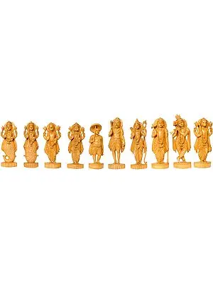 Dashavatara: Ten Incarnations of Lord Vishnu (From Left - Matshya, Kurma, Varaha, Narasimha, Vaman, Parashurama, Rama, Balarama, Krishna and Kalki)