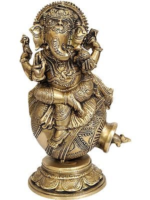 9" Ganesha With Mouse Peeking Out of Pot In Brass | Handmade | Made In India