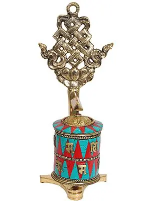 7" Tibetan Buddhist Prayer Wheel With Eternity Knot (Ashtamangala) In Brass | Handmade |