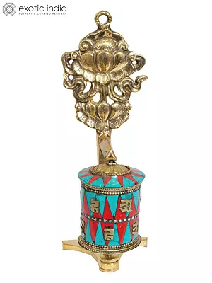 7" Tibetan Buddhist Prayer Wheel with Lotus (Ashtamangala) In Brass | Handmade |