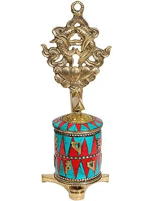 7" Tibetan Buddhist Prayer Wheel with The Pair of Fish (Ashtamangala) In Brass | Handmade | Made In India