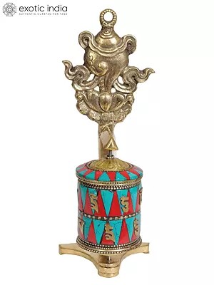 7" Tibetan Buddhist Prayer Wheel with Conch (Ashtamangala) In Brass | Handmade | Made In India