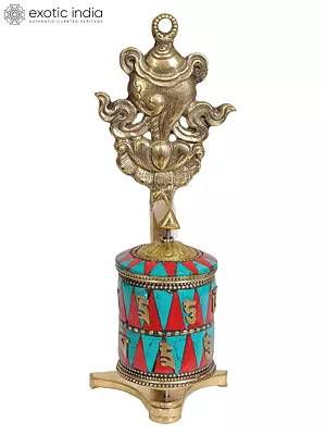 7" Tibetan Buddhist Prayer Wheel with Conch (Ashtamangala) in Brass | Handmade | Made in India