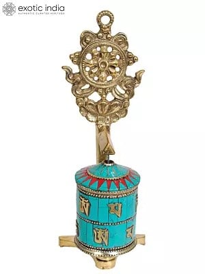 7" Brass Prayer Wheel with Dharma-chakra (Ashtamangala) | Handmade | Made in India