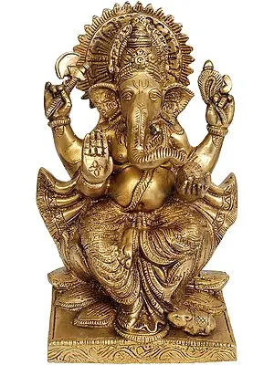 8" Lord Ganesha Seated in Lalitasana on Lotus In Brass | Handmade | Made In India