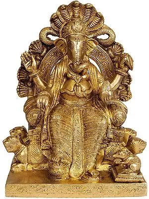9" Lord Ganesha Seated on Throne Made by Lions and Serpents | Handmade Brass Statue | Made in India
