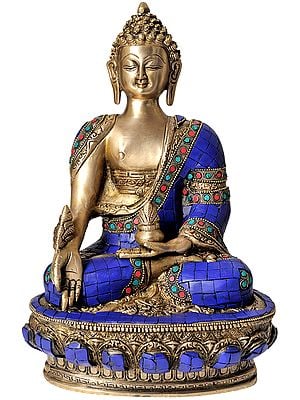 11" Tibetan Buddhist Deity Lapis Buddha of Healing (Medicine Buddha) In Brass | Handmade | Made In India
