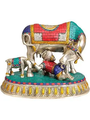 10" Baby Krishna Drinking Cow's Milk In Brass | Handmade | Made In India