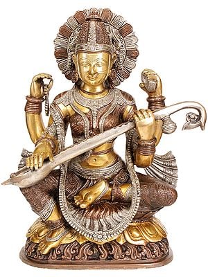 16" Goddess Saraswati In Brass | Handmade | Made In India
