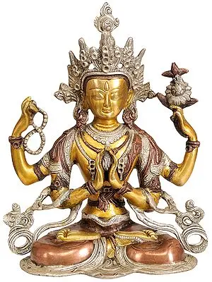 11" Tibetan Buddhist Deity Four-Armed Avalokiteshvara In Brass | Handmade | Made In India