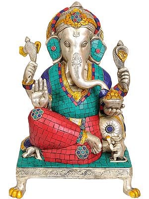 12" Lord Ganesha Seated on Chowki In Brass | Handmade | Made In India