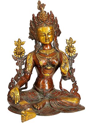 14" Tibetan Buddhist Deity Green Tara In Brass | Handmade | Made In India