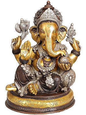 13" Four Armed Seated Ganesha In Brass | Handmade | Made In India