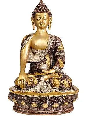 11" Lord Buddha in the Bhumisparsha Mudra (Robes Decorated with Scenes from the Life of Buddha) In Brass | Handmade | Made In India