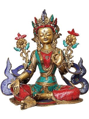 18" Tibetan Buddhist Saviour Goddess Green Tara | Brass | Handmade | Made In India