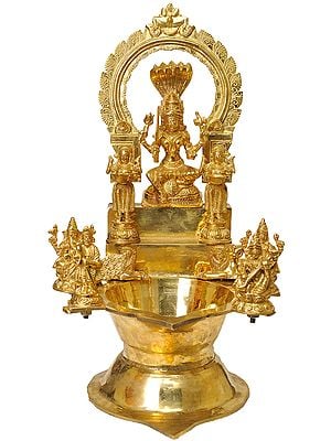 Large Wick Lamp with Goddess Mariamman, Pair of Deep Lakshmi, Lakshmi Ji, Saraswati Ji, Lord Ganesha Lord Karttikeya and Pair of Lions