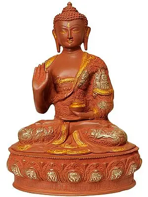Tibetan Buddha in Terracotta Look (Robes Decorated with The Images of His Life)