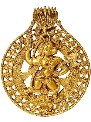 12" Lord Hanuman Carrying Lotus Flower and Krishna on the Top | Wall Hanging Brass Statue