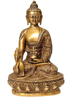 10" Tibetan Buddhist Deity Medicine Buddha (Robes Decorated with the Scenes of His Life) In Brass | Handmade | Made In India