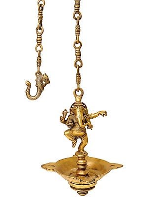 10" Dancing Ganesha Temple Hanging Brass Four Wick Lamp | Handmade | Made in India