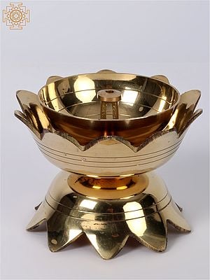 Small Lotus Wick Puja Lamp In Brass | Handmade | Made In India