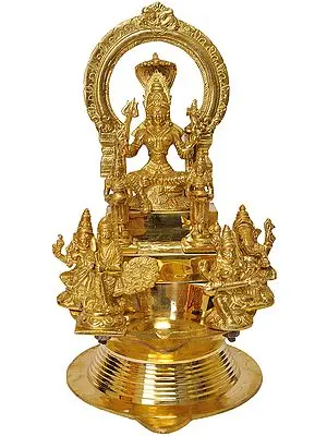 Large Wick Lamp with Goddess Mariamman, Pair of Deep Lakshmi, Lord Ganesha-Goddess Saraswati, Lord Karttikeya-Goddess Lakshmi
