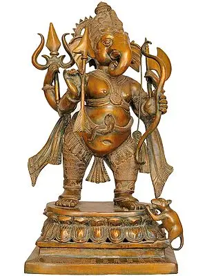28" Large Size Yuddha-Ganapati: Ganesha in Warrior Form In Brass | Handmade | Made In India
